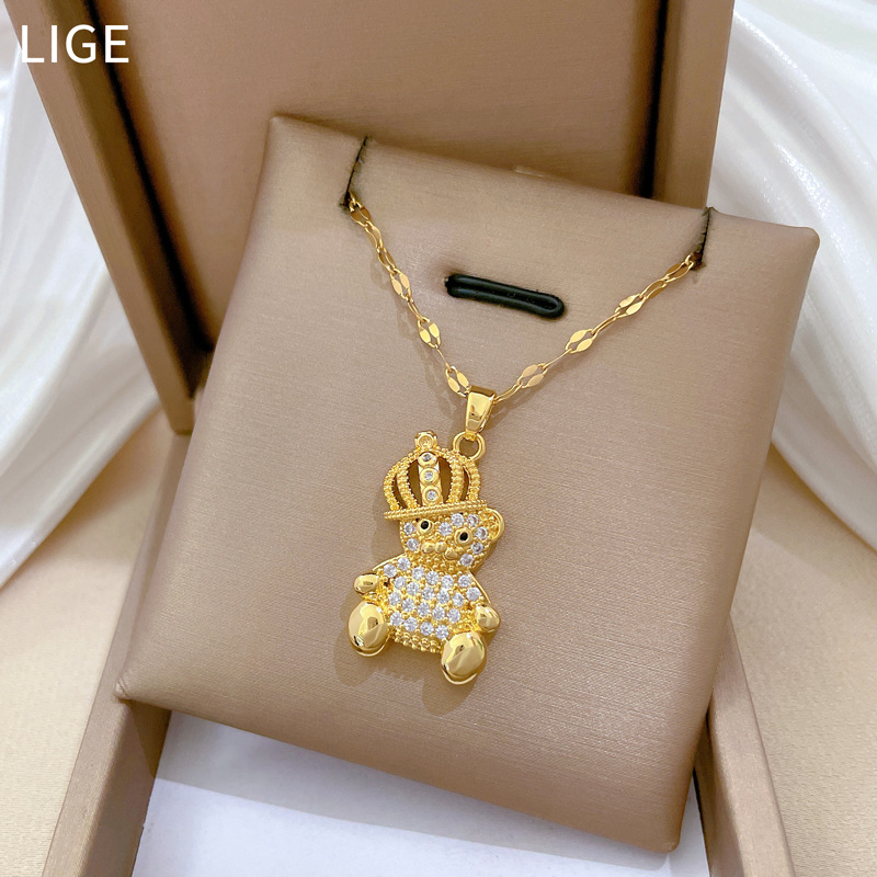 Gorgeous Diamond Bear Pendant Necklace In Titanium Steel For Women_voghion.com