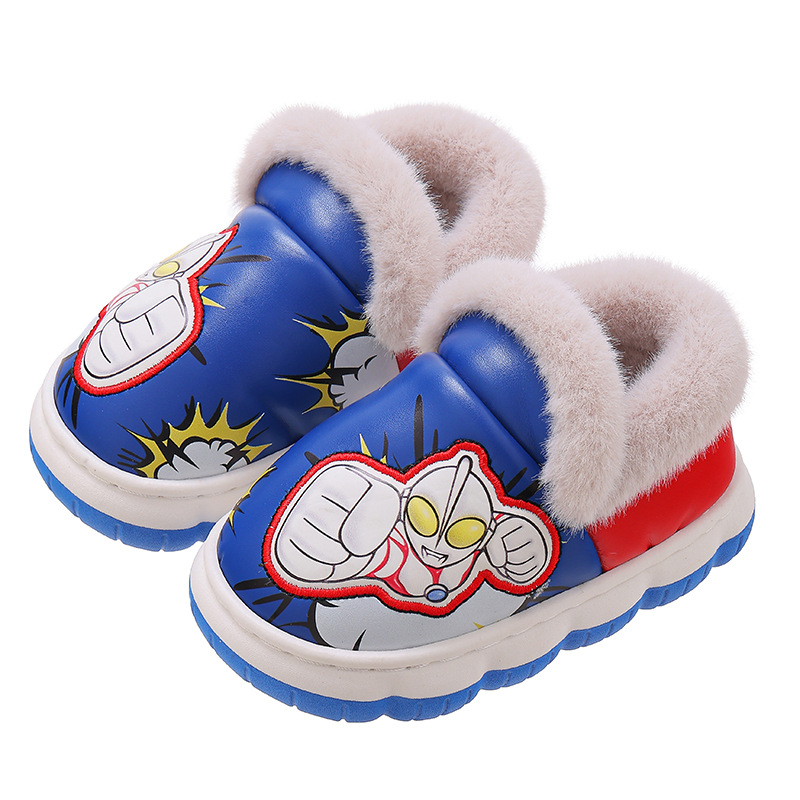 Ultraman invierno niños zapatos de algodón bolsas tacones cálidas lana PU impermeable suela gruesa antideslizante zapatillas de algodón para niños caseros