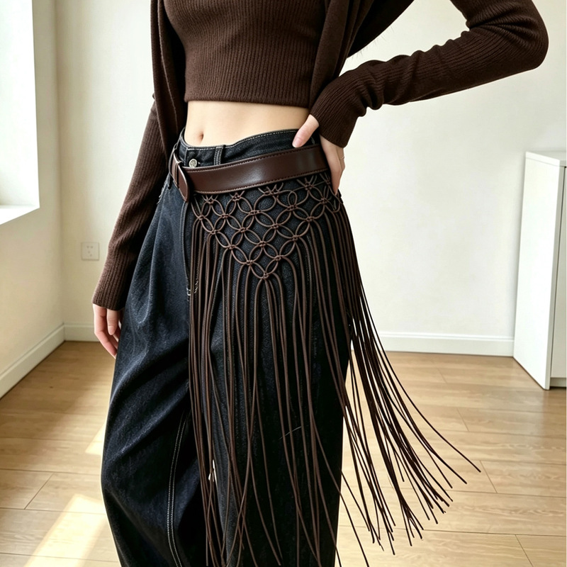 Bohemian-style hollow-out woven tassel belt, vintage leather patchwork waist accessory, dress embellishment belt, wholesale Bohemian-style hollow-out woven tassel belt, vintage leather patchwork waist accessory, dress embellishment belt, wholesale