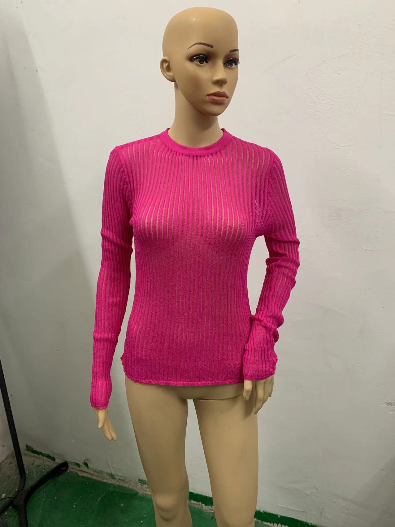 Round Neck Thin Breathable Knitted Wool Top Rose Red - Shop at LoveMi