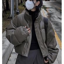 PU皮小个子羽绒棉服女2023冬季新款宽松韩版加厚面包棉服外套女潮