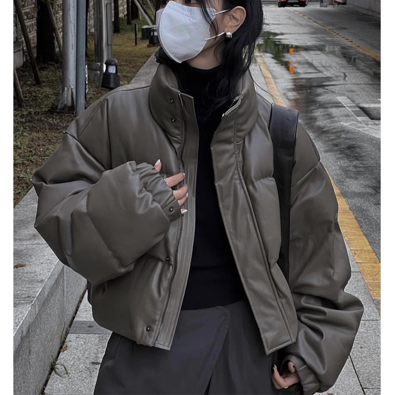 PU皮小个子羽绒棉服女2023冬季新款宽松韩版加厚面包棉服外套女潮