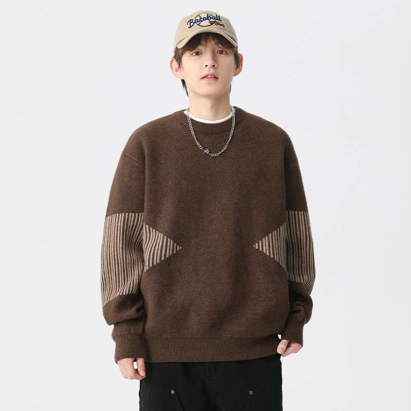Winter Warm Crewneck Sweater Sweater Men's Loose plus size Striped Jacquard Sweater Japanese Style Retro Top Trendy