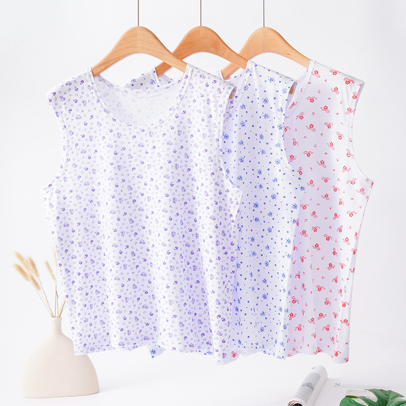 女士老人印花圆领无袖纯棉汗衫中老年妈妈装全棉宽松大码打底背心