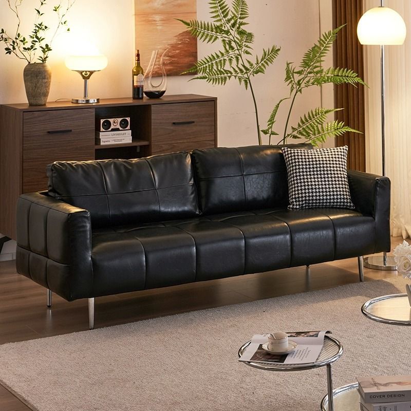 Light Luxury Retro Oil Wax Leather Sofa Small Apartment Living Room Italian Minimalist Black Mid-Century Style Internet Celebrity Sofa