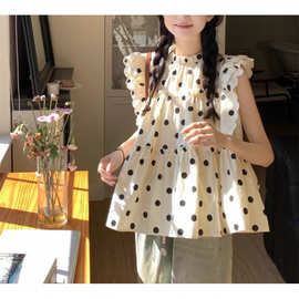 法式甜美波点飞飞袖衬衫2025新款女夏季别致减龄娃娃衫小个子上衣