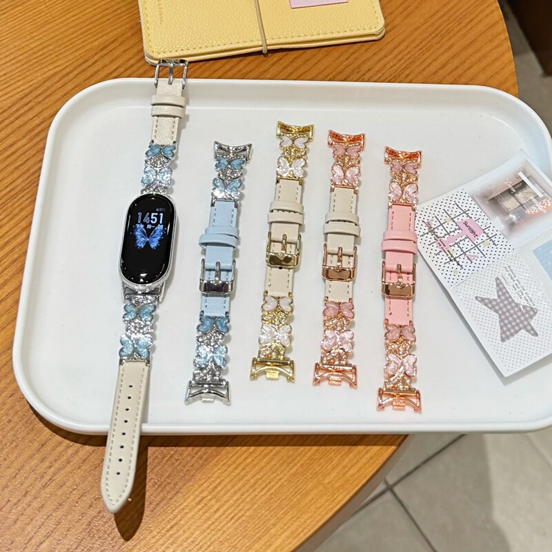 Diamond-embellished double butterfly leather strap suitable for Apple Watch 10 11, Xiaomi, Huawei 11, GT6, Fit4 wristbands Diamond-embellished double butterfly leather strap suitable for Apple Watch 10 11, Xiaomi, Huawei 11, GT6, Fit4 wristbands