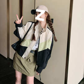 外穿休闲撞色2024拼接棒球短款冲锋衣女春秋美式拼色宽松立领夹克