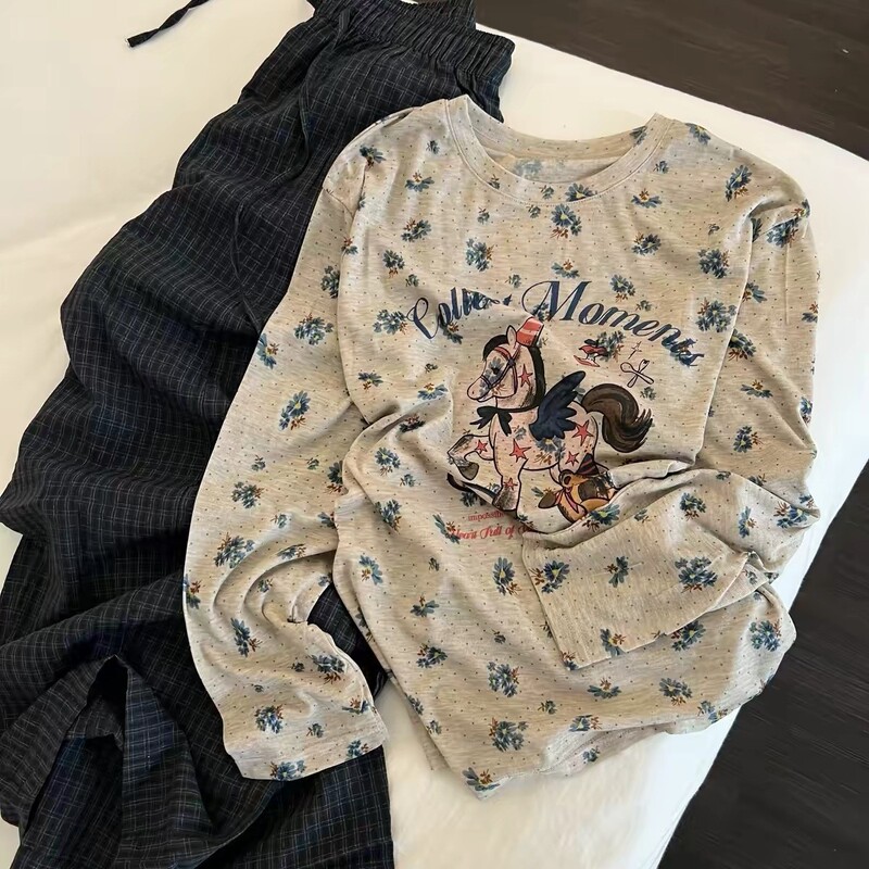 Trendy new sweet and cute cotton-like long-sleeved pajamas for women, autumn casual thin round-neck cartoon long pants loungewear