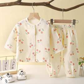 儿童夏季空调服薄款外穿男女宝宝家居服套装纯棉纱婴儿开衫睡衣服