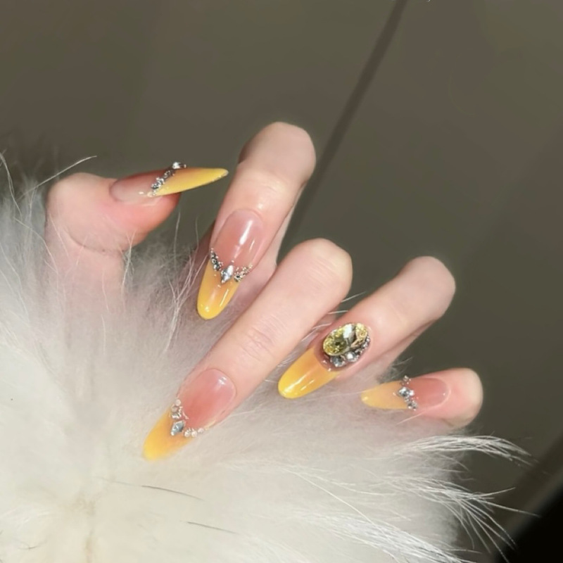French-Style Yellow Dazzling Diamond High-Luxury Blush Nails, Mid-Length Handmade Wearable Nails, Handmade Manicure Fake Nail Patches French-Style Yellow Dazzling Diamond High-Luxury Blush Nails, Mid-Length Handmade Wearable Nails, Handmade Manicure Fake Nail Patches