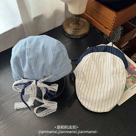 蕾丝飘带蝴蝶结前进帽子女春秋复古休闲百搭遮阳鸭舌条纹贝雷帽子