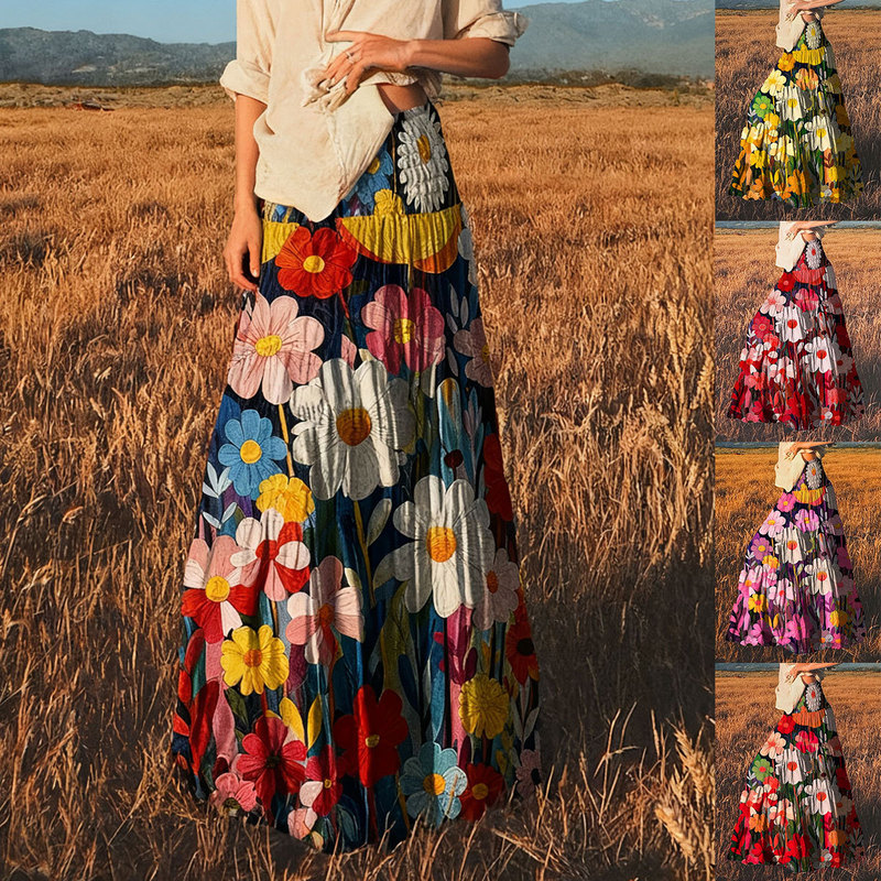 Cross-Border European and American Women's Elegant Bohemian Floral Print Oil Painting Style Large Flared Elastic Waist Romantic Flared Skirt Cross-Border European and American Women's Elegant Bohemian Floral Print Oil Painting Style Large Flared Elastic Waist Romantic Flared Skirt