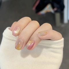 春夏七彩流光玻璃珠貓眼漸變光療穿戴甲彩虹糖指甲貼片可拆卸