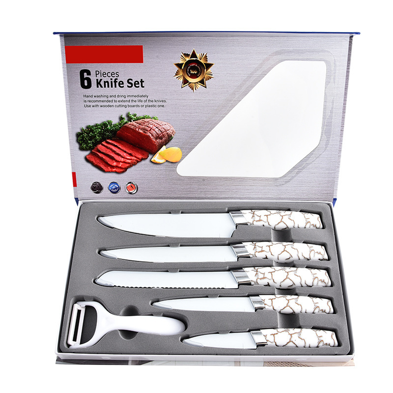 Cuchillos de cocina de acero inoxidable al por mayor 6 piezas de mango de mármol cuchillo de cocina cuchillo de pan utensilios