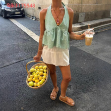 速卖通欧美外贸夏季女装吊带辣妹背心春夏格子时尚V领性感上衣