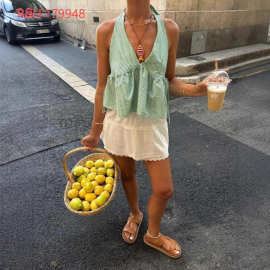 速卖通欧美外贸夏季女装吊带辣妹背心春夏格子时尚V领性感上衣