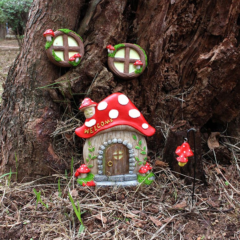 new luminous mushroom house door and window garden pendant environmentally friendly resin crafts    