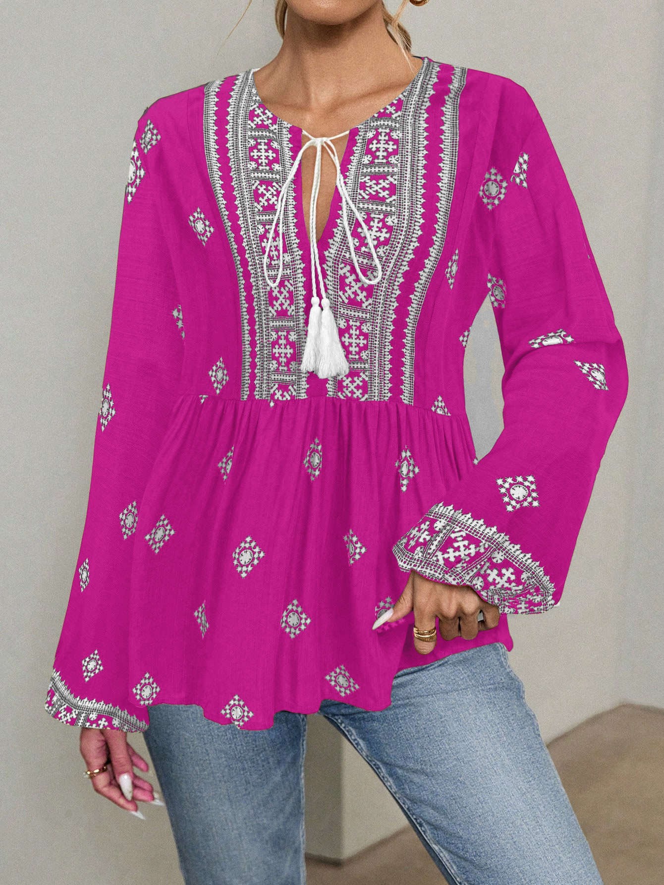 Chemise K New Retro à col semi-ouvert, lacets et manches lanternes amples_voghion.com