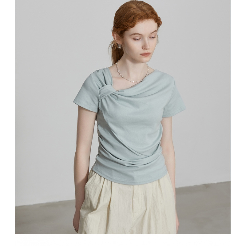 不規則なオフショルダー半袖Tシャツレディース夏新作ツイストプリーツデザインTシャツカジュアルショートトップ|undefined