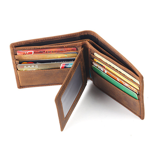 Wholesale Cross-Border First Layer Crazy Horse Leather Men's and Women's Wallet Slim Three-Fold Business Short Genuine Leather Foldover Wallet