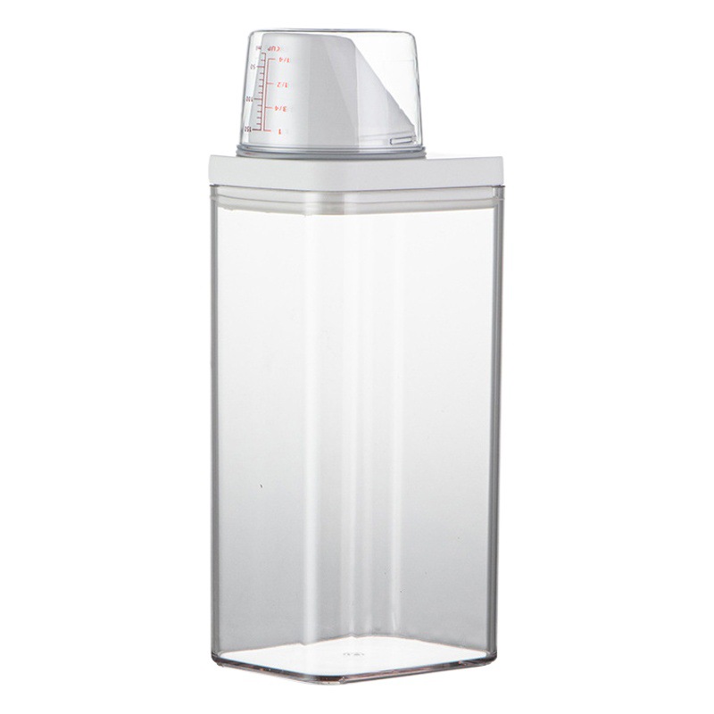 Caja de almacenamiento a prueba de humedad en polvo de lavado con taza de medición detergente para ropa transparente tarro de almacenamiento multifuncional sin fugas frasco sellado