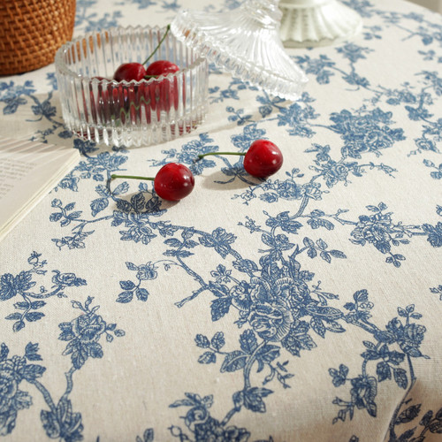 Lexuanxiu small round table tablecloth wholesale ins style cotton and linen blue printed tablecloth retro blue flower coffee table cover