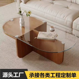 实木玻璃茶几中古风异形小户型客厅原木椭圆创意云朵钢化玻璃茶几