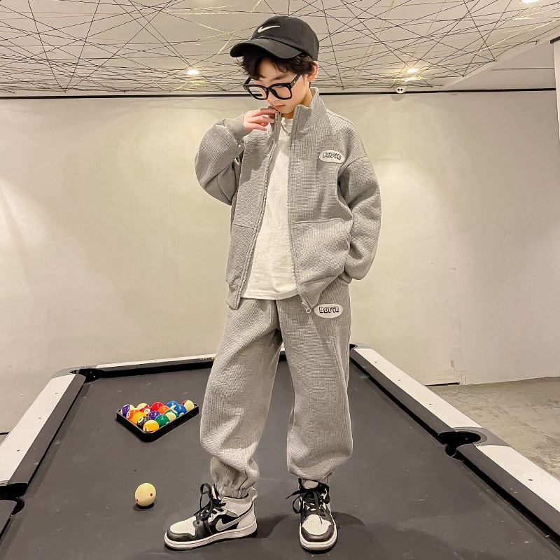 1184#6535 Waffle Knit Boys' Autumn Set 2026 New Style for Medium and Large Children, Two-Piece Sports Set