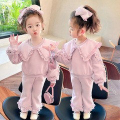 女童春款亮片套裝2024新款洋氣時髦兒童裝女寶寶大翻領休閒兩件套
