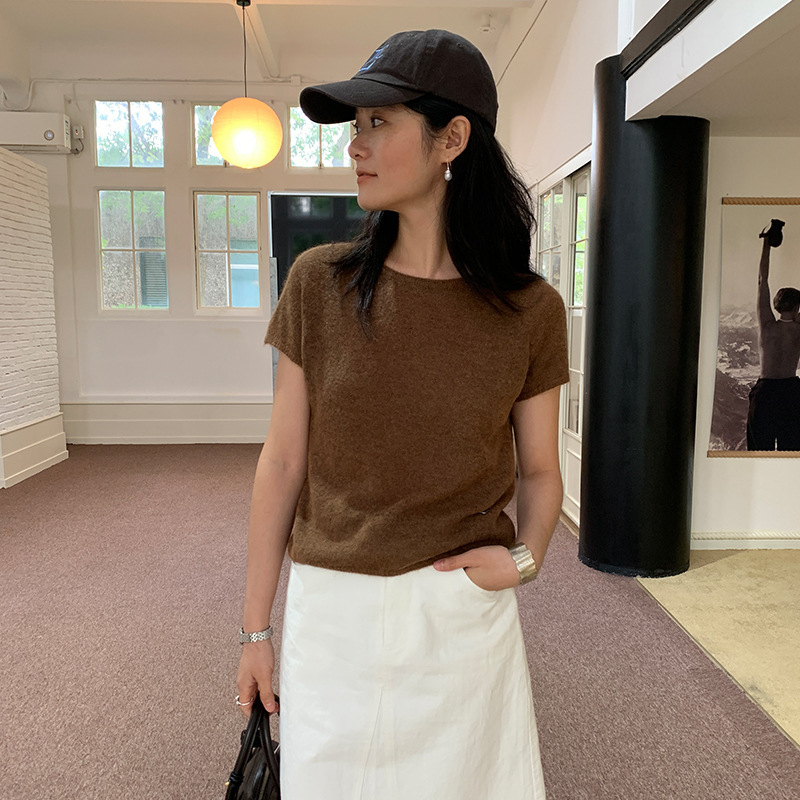 [Clearance, No Returns] Round Neck Knit Top with Small Flutter Sleeves 2024 Alpaca Wool Soft and Skin-Friendly Short Sleeve Top 19029