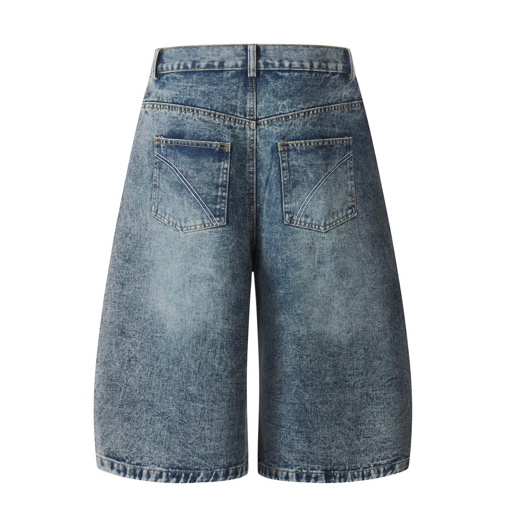 Men's Vintage Washed Blue Distressed Denim Shorts Rock And Roll Studded Details Relaxed Fit Cargo Shorts_mkmklike.com