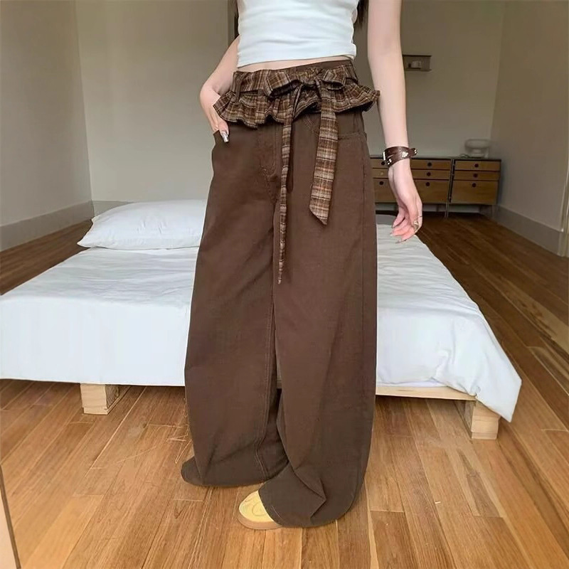 レトロメイラードブラウンレースストラップカジュアルパンツ女性の夏の新しいデザインルーズワイドレッグパンツウォーキングパンツ|undefined