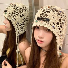 波西米亚风流苏镂空包头帽女夏季薄款编织花朵新疆穿搭民族风帽子