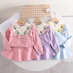 Baby Girl Knit Set with Floral Print, 2023 Autumn/Winter New Arrival, Cute and Trendy Two-Piece Dress Set for Little Girls