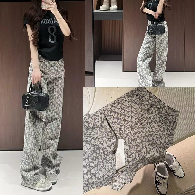 2025 Summer New High-Waisted Jacquard Straight-Leg Jeans for Women, Loose Versatile Casual Drape Floor-Length Pants Ins Trend