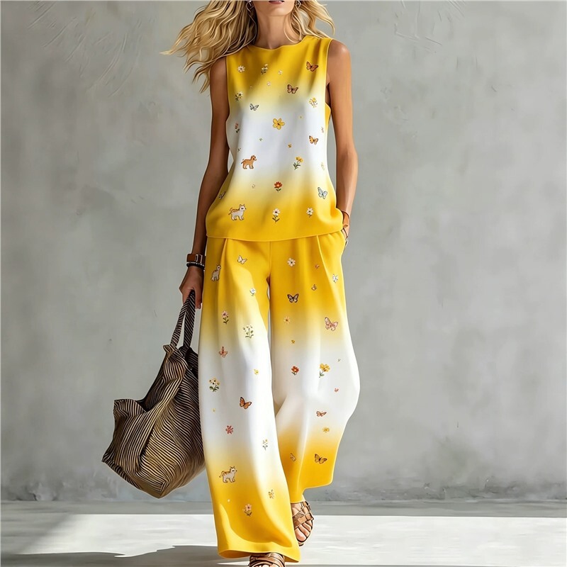 Cross-Border European and American Summer New Style Rainbow Tie-Dye Sleeveless Round-Neck Top and Wide-Leg Pants Two-Piece Women's Casual Set Cross-Border European and American Summer New Style Rainbow Tie-Dye Sleeveless Round-Neck Top and Wide-Leg Pants Two-Piece Women's Casual Set