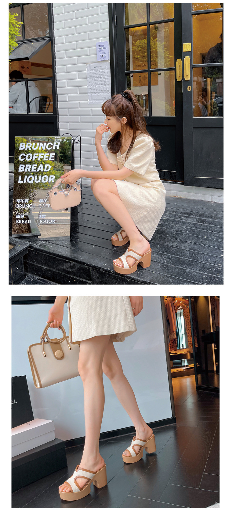 Dép sandal nữ quai chữ V da bò cao cấp đế xuồng dày, gót thô hở mũi, mùa hè — màu kaki chi tiết 6
