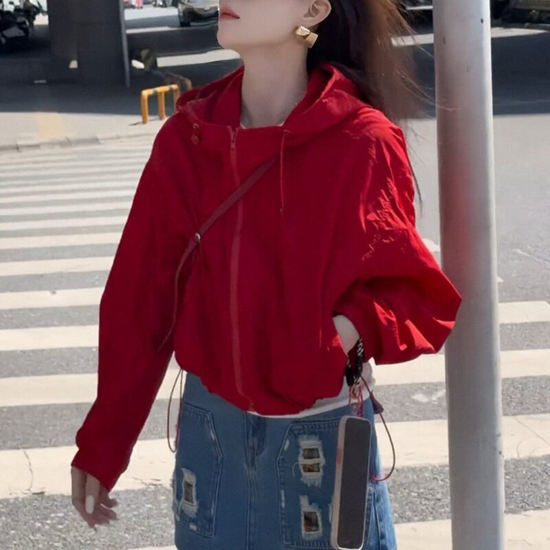 Summer Korean-Style Red Hooded Drawstring Short Jacket for Women 2026 Lightweight Casual Niche Zip-Up Sun Protection Top