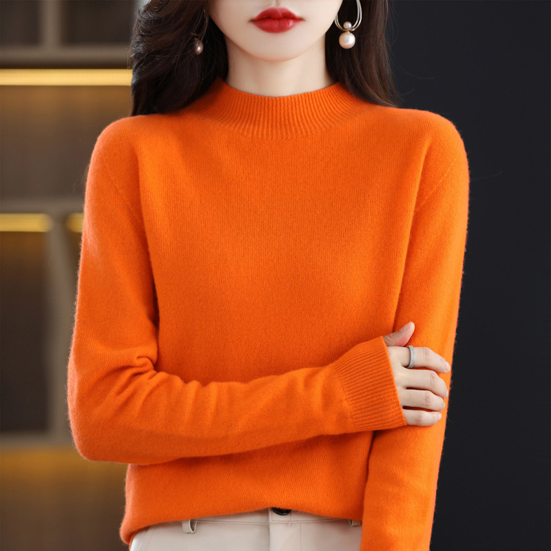Ropa de primera línea medio cuello alto 100 suéter de lana pura suéter de color sólido de las mujeres camisa de fondo de punto del todo fósforo