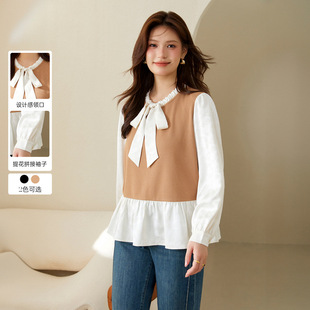 Xianlixiu Plus Size Women's French Style Design Jacquard Splicing Gentle Style Shirt Fat mm 2024 Autumn New Style