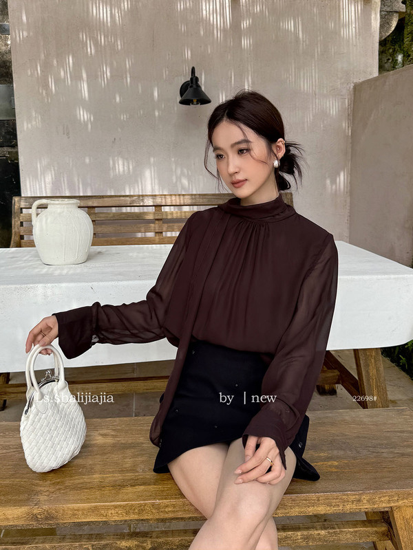 LS述致 优雅设计感别致小众衬衫女装法式温柔女人味缎面上衣22698|undefined