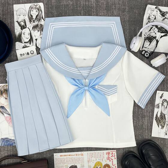 Water blue and white three sailor suit Japanese college style JK uniform spring and summer student class uniform middle clothing sweet girl costume
