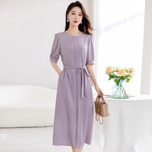 紫色真丝冠乐绉连衣裙女2025新款夏季高端轻奢高级感桑蚕丝长裙
