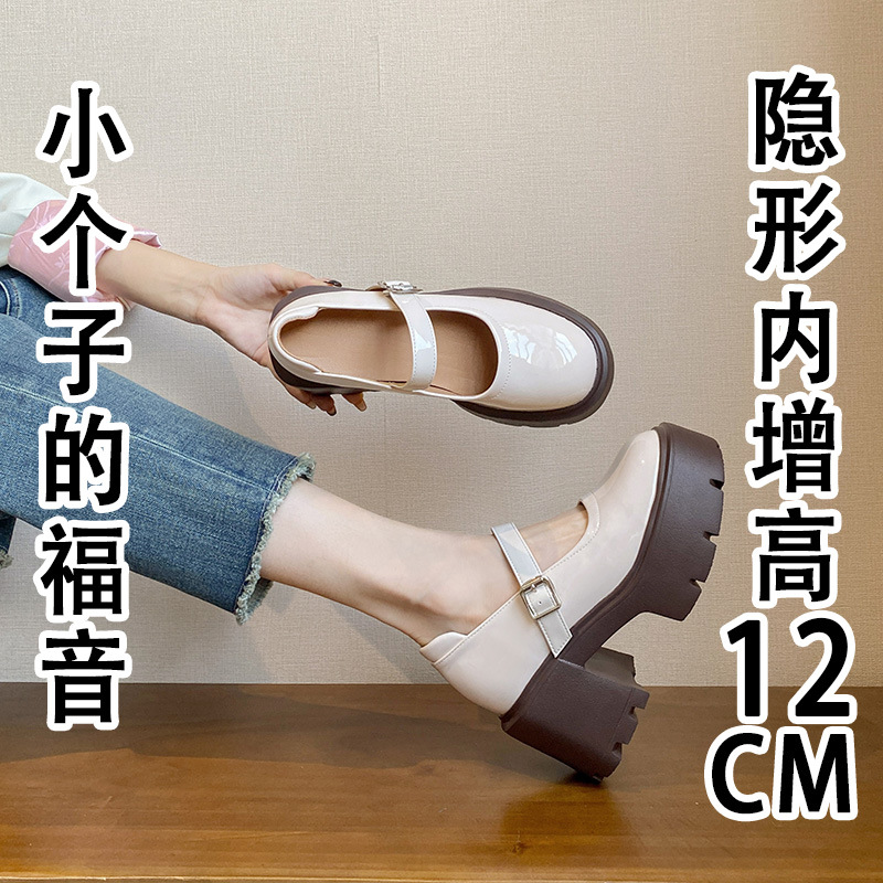 내부 높이 증가 여름 새로운 영국 아카데미 스타일 작은 가죽 신발 여성용 미드 힐 버클 싱글 레이어 신발 라운드 토 두꺼운 힐 메리 제인 신발