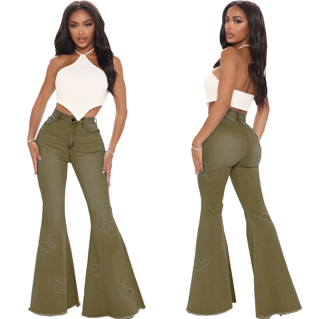 butterfly print wide-leg stretch jeans nihaostyles wholesale clothes NSSF88980