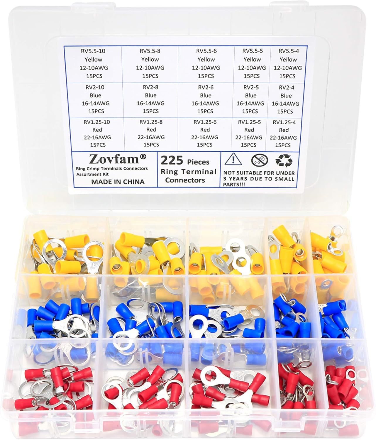 225Pcs Ring Terminals Electrical Wire Crimp Connectors Assor