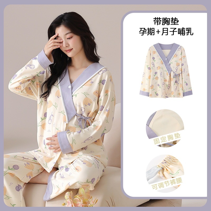 Postpartum Clothing with Breast Pads for Autumn and Winter, Plus-Size Maternity Pajamas, Nursing Home Wear Set for Postpartum Women