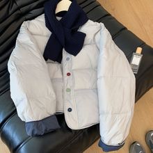 围巾款韩系新款温柔奶蓝色棉服2025秋冬百搭宽松撞色短款棉衣外套