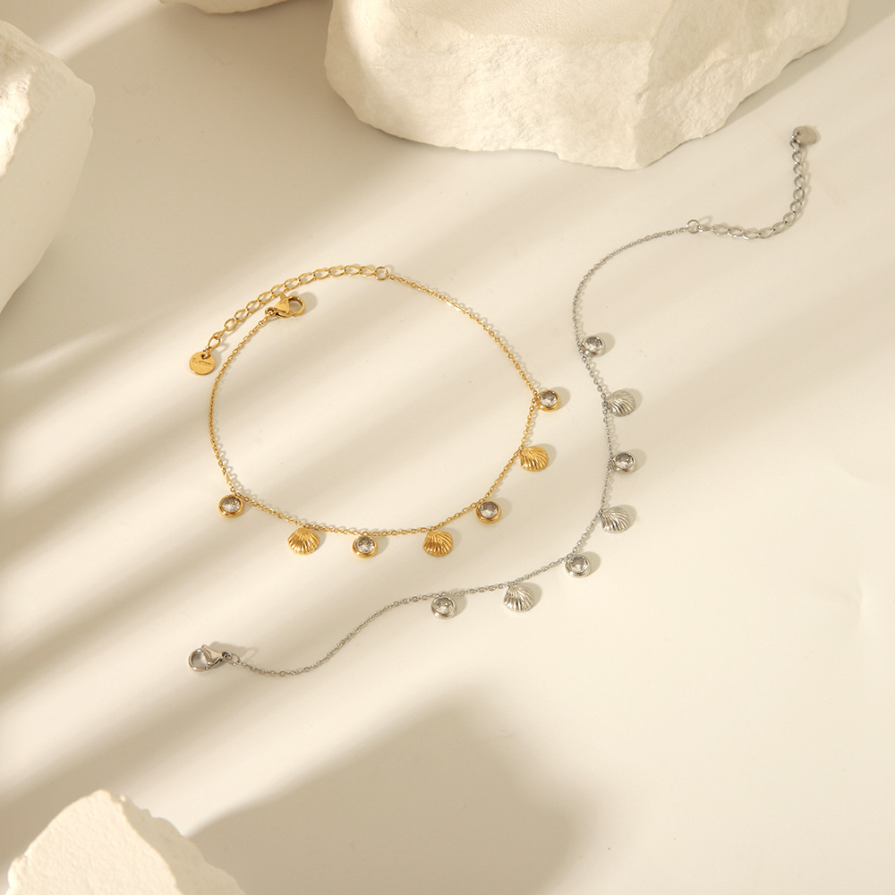 Concha a rayas de acero inoxidable francés, circón, temperamento de nicho de 18K, tobillera de playa para mujer, joyería impermeable que no se desvanece